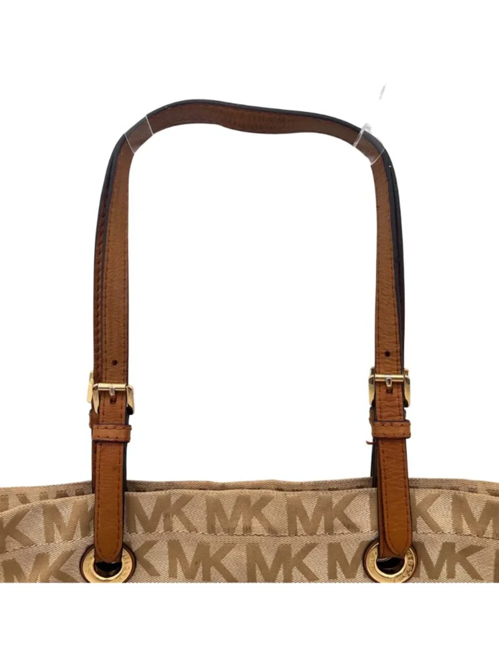 Michael Kors MK Logo Canvas Tote Bag Adjustable Leather Straps Beige Brown Gold